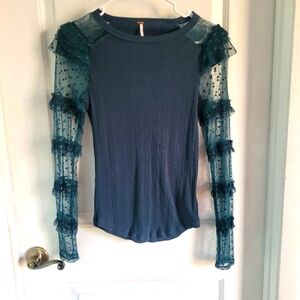 FREE PEOPLE Kiss Kiss Ruffle Lace Long Sleeve Top Emerald, Small